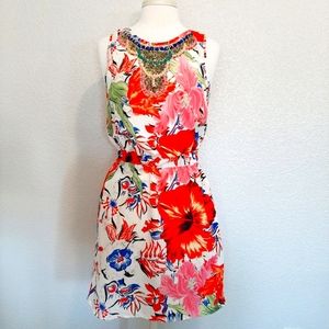 Desigual White w/Tropical Print Beaded Neck Dress